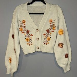 ROMWE Pale Sage Green Floral Embroidered Crop Cardigan Size XS Balloon Sleeves